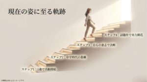 1歳での活動開始、中学時代の葛藤、自らの意志での決断、話題作での実力開花という、現在の姿に至る軌跡が書かれたスライド画像