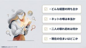スマホを手に、経歴 、ネットの噂 、馴れ初め 、現在の住まい など多くの疑問マーク(?)に囲まれて検索する女性のイメージスライド