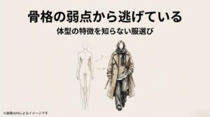 理想的な体型のマネキン骨格と、オーバーサイズの服をただ重ね着して骨格の弱点から逃げてしまっているスタイルの比較イラスト