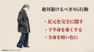 全身を暗い色でまとめ、足元を完全に隠して下半身に重みを出してしまっている避けるべきコーディネートのイラスト