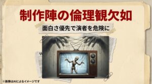 『制作陣の倫理観欠如 面白さ優先で演者を危険に』と大きく書かれた、過激な演出に走るテレビ制作側の姿勢を批判するスライド