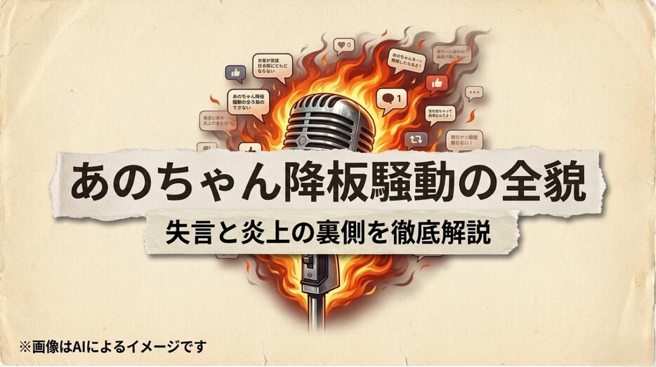 『あのちゃん降板騒動の全貌 失言と炎上の裏側を徹底解説』と書かれた、記事のメインテーマを示すタイトルのアイキャッチ画像