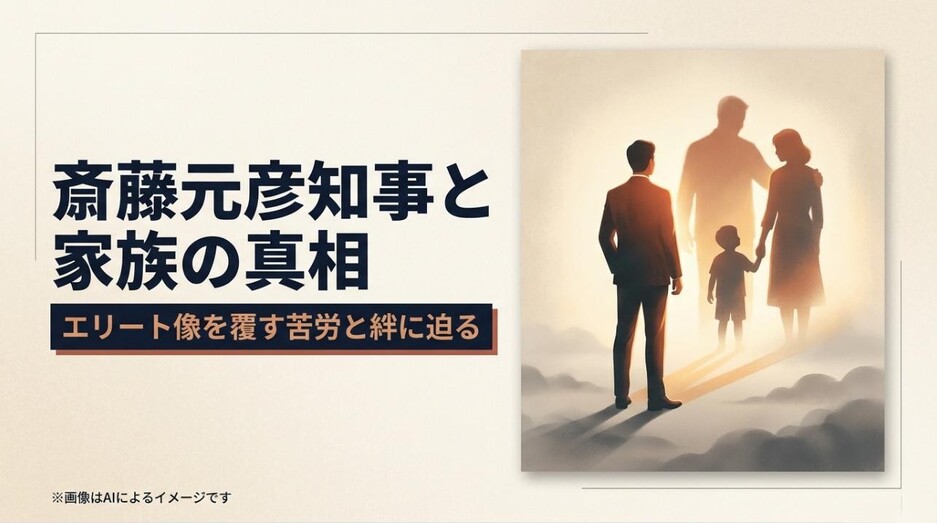 「斎藤元彦知事と家族の真相 エリート像を覆す苦労と絆に迫る」と書かれた、家族のシルエットが描かれたタイトルのスライド画像