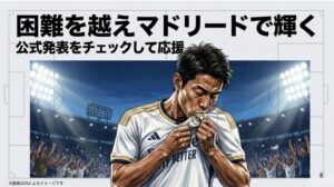 レアル・マドリードのユニフォームのエンブレムにキスをする選手と、公式発表をチェックして応援しようというメッセージ