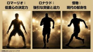 ロマーリオの低重心、ロナウドの強引な突破、そして現代の怪物エンドリッキの献身性を比較した3人のシルエット画像