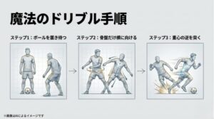 ボールを置き待つ、骨盤だけ横に向ける、重心の逆を突くという魔法のドリブル手順を図解したスライド