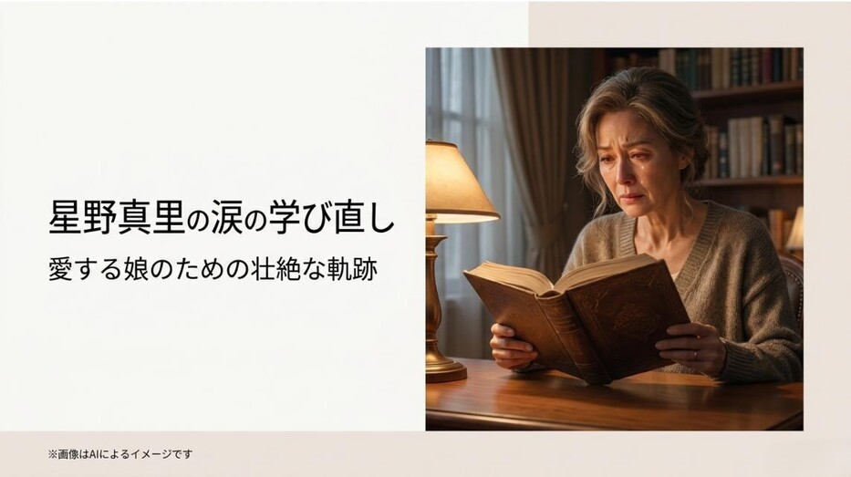 涙を流しながら本を読む女性のイメージと、星野真里の学び直しを伝えるタイトル画像のアイキャッチ