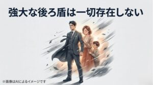 「強大な後ろ盾は一切存在しない」と言葉が書かれた、何もない空間を見つめる人物のイラストのスライド画像