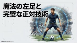 ボールをキープし完璧な正対姿勢をとる選手と、魔法の左足を強調したスライド