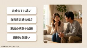 思い詰めた表情の女性の姿と、夫婦のすれ違いや家族の病気といった試練を表すキーワード群