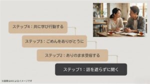 夫婦がカフェで笑顔で対話している様子と、話を遮らずに聞くことから共に学び行動するまでの4つのステップ