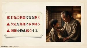 幼い子供に真剣に語りかける初老の男性のイラストと、目先の利益を追わず誠実さを重んじる教えをまとめたテキスト