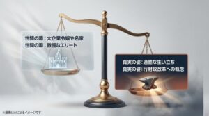 世間の噂である大企業令嬢や名家というイメージと、真実の姿である過酷な生い立ちという事実を左右で対比させたスライド画像