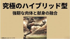強烈なシュートを放つ選手のイラストと、「究極のハイブリッド型 強靭な肉体と献身の融合」と書かれたスライド画像