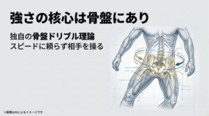 人体の骨盤周りの動きを図解し、スピードに頼らず相手を操る独自の骨盤ドリブル理論を説明するスライド