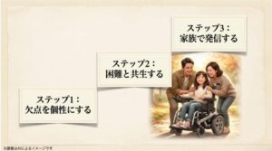 車椅子の少女と笑顔の両親のイラスト、および困難を個性や共生に変えていく前向きな3つのステップ