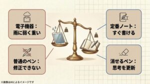 天秤で電子機器（雨に弱く重い）とノート・ペン（すぐ書ける・思考を更新）を比較し、ノートの優位性を示したスライド
