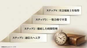 通信大へ入学、徹底した時間管理、一発合格で卒業、社会福祉士を取得という4つのステップを示したスライド