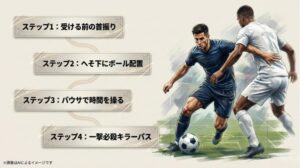 受ける前の首振りからへそ下へのボール配置、パウサ、キラーパスに至るまでの一連のプレーを解説したスライド