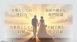 女優としての発信力、福祉の専門知識、当事者の経験を活かし夫婦で社会貢献に挑む図解スライド
