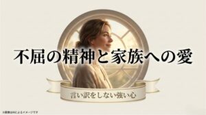 不屈の精神と家族への愛、言い訳をしない強い心というメッセージが書かれたスライド