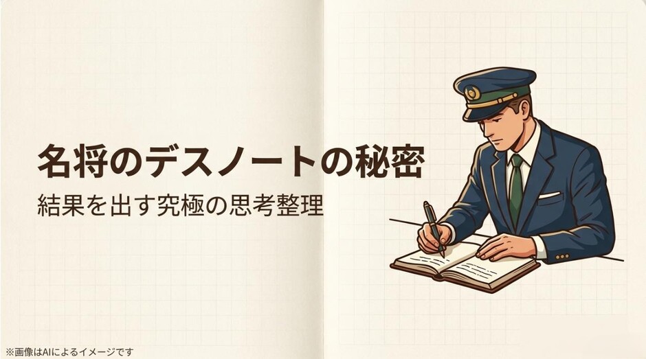 ノートに書き込む男性のイラストと、「名将のデスノートの秘密 結果を出す究極の思考整理」というテキストが書かれたアイキャッチ画像