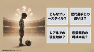 「どんなプレースタイル?」「歴代選手との違いは?」「レアルでの現在地は?」「恋愛契約の噂は本当?」という4つの疑問を提示するスライド画像