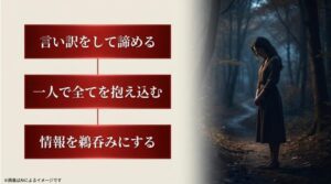 言い訳をして諦める、一人で全てを抱え込む、情報を鵜呑みにするという避けるべき行動にバツ印がついたスライド