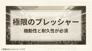 スタジアムの背景と、「極限のプレッシャー 機動性と耐久性が必須」というテキストが書かれたスライド