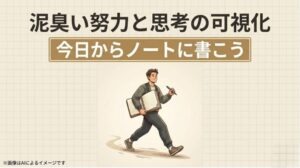 ノートとペンを持って前向きに歩く男性のイラストと、「泥臭い努力と思考の可視化 今日からノートに書こう」というメッセージが書かれたスライド