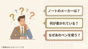 悩む男性のイラストと、「ノートのメーカーは？」「何が書かれている？」「なぜあのペンを使う？」という疑問が書かれたスライド