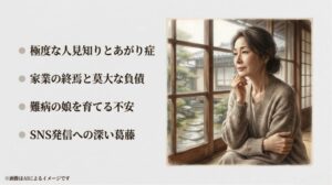 窓の外を見つめる物憂げな女性のイラストと、星野真里や家族が直面した人見知りや難病などの葛藤をまとめたスライド